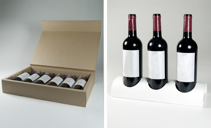 Caja vino realizada en kraft y soporte expositor para 3 botellas realizado en forex